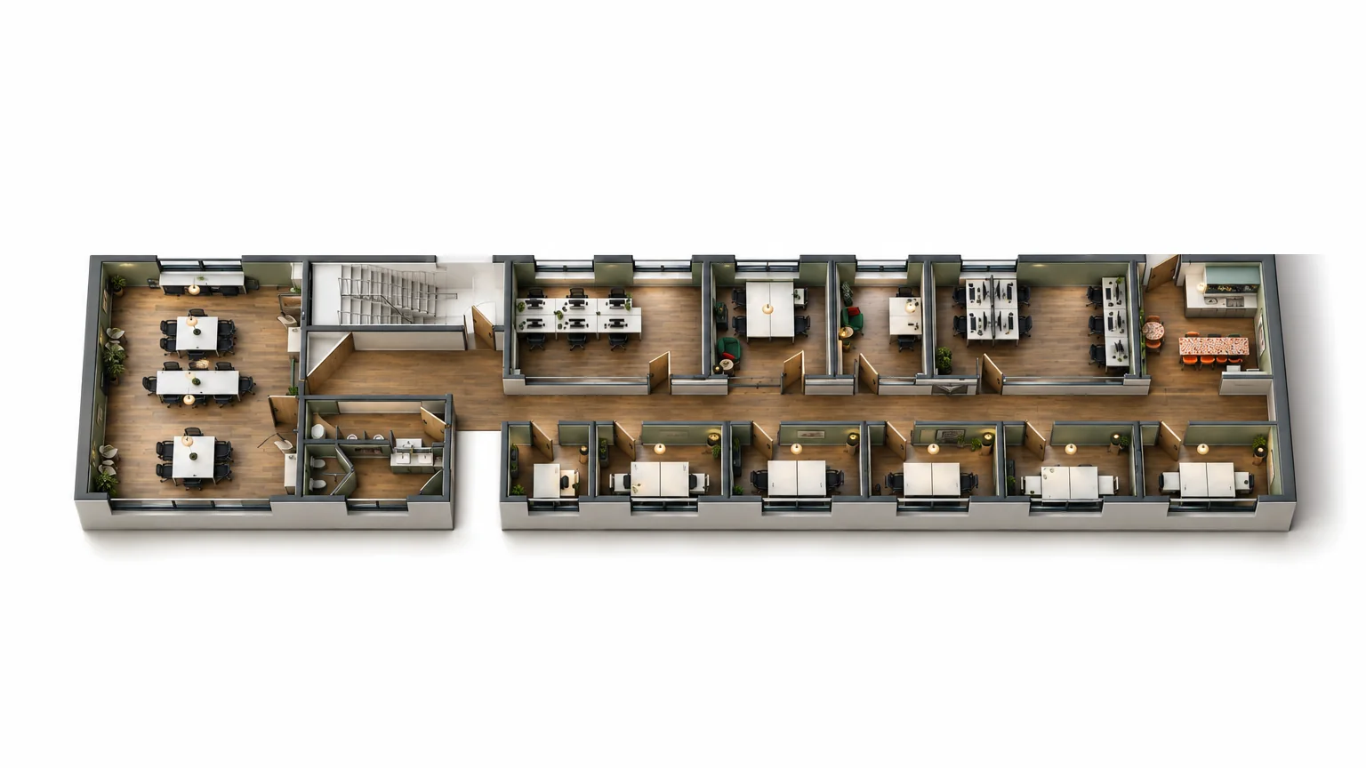 3D floor plan of the 1st floor with the offices